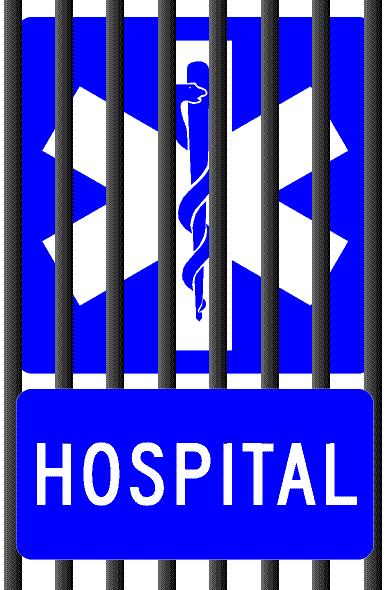 Hospital sign behind bars